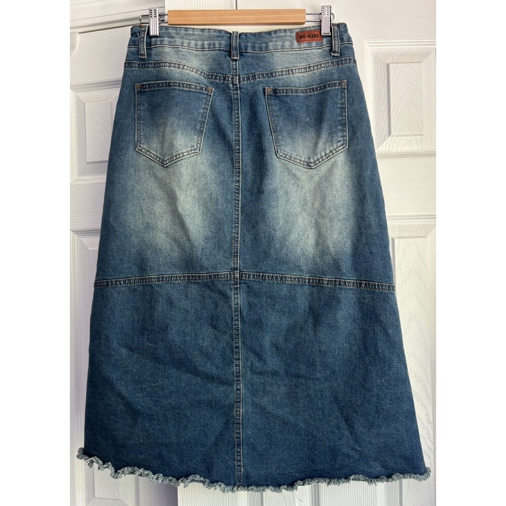 Be-Girl Denim Midi A Line Skirt Medium Wash W Lighter Areas Raw Hem Size M - Picture 2 of 8